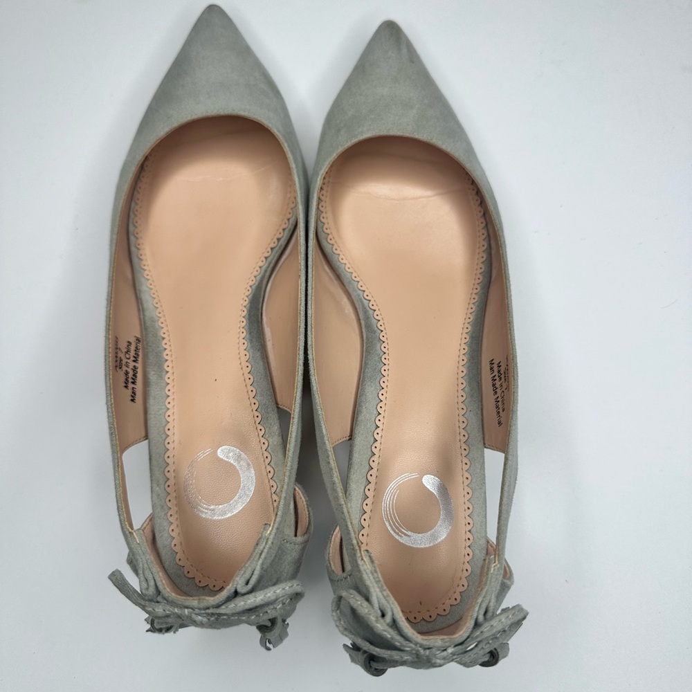 Grey faux suede bow ribbon peakaboo tassle back detail 1 inch kitten heels